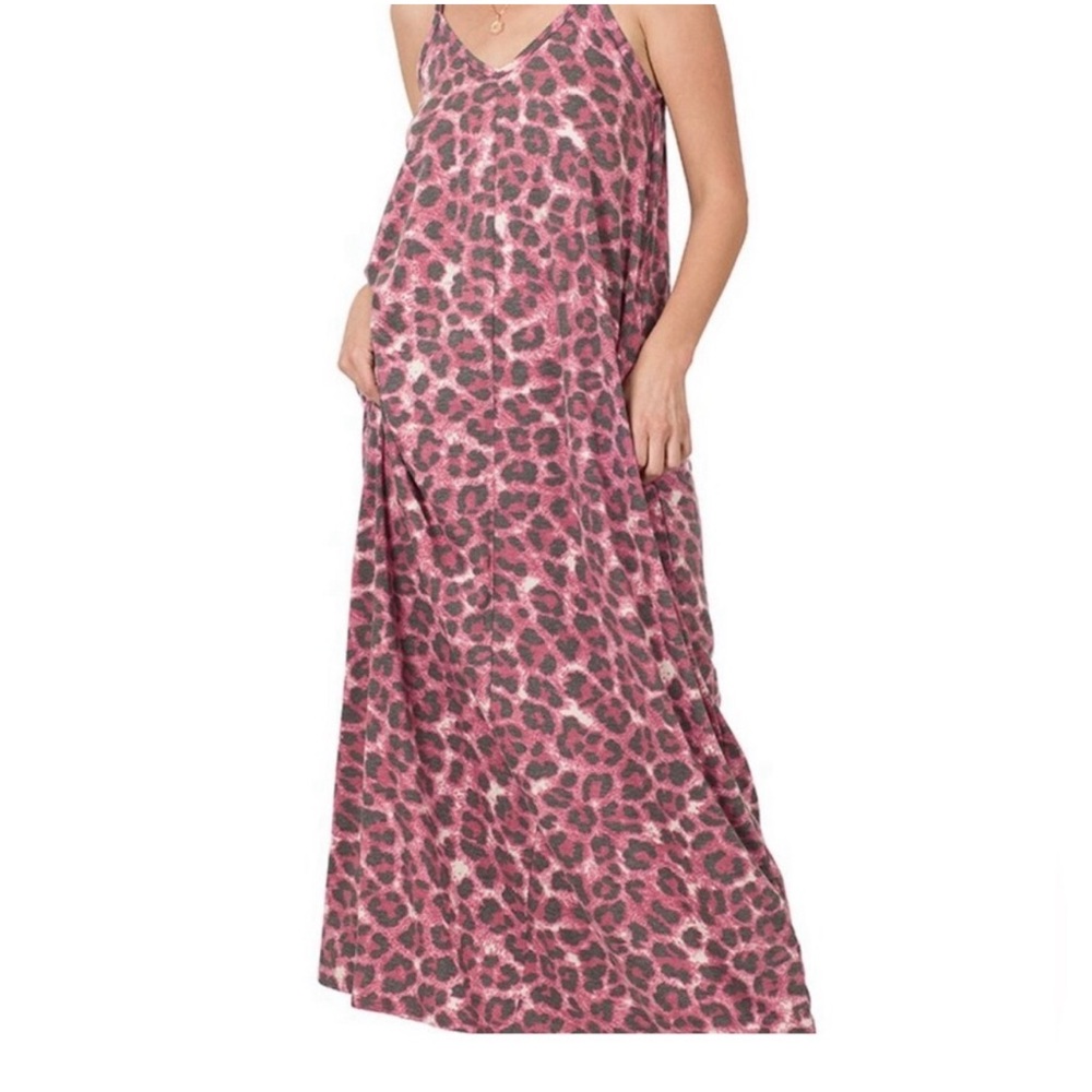 LG NWT Zenana Leopard Print Cami Maxi Cranberry Relaxed Summer Dress!